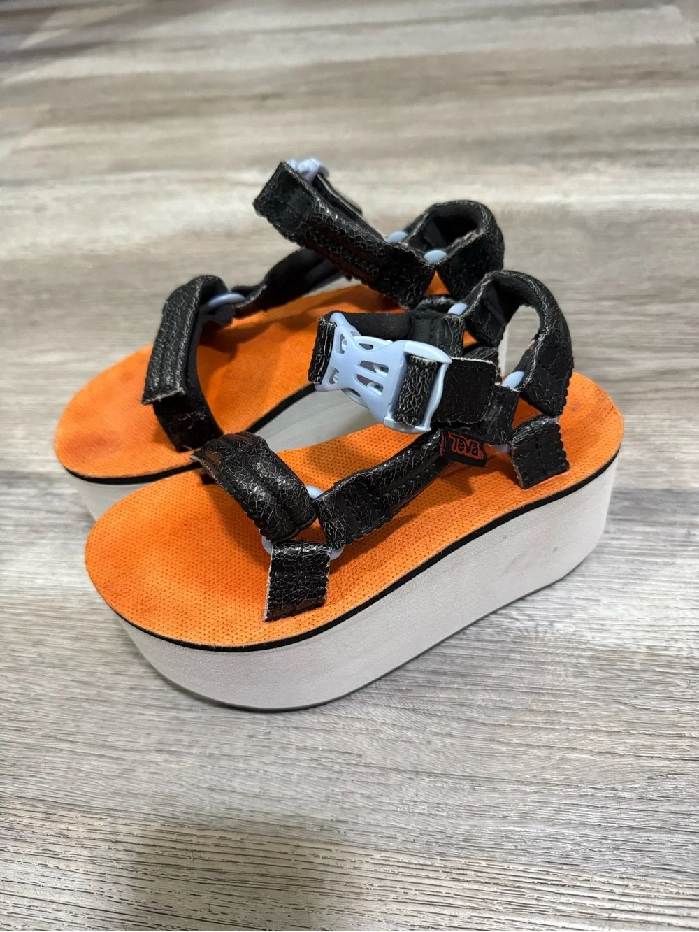 Nasty Gal X Teva Platform Sandals Black Cracked Leather Orange Footbed